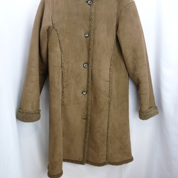 LL Bean Womens Jacket Coat Faux Suede Sherpa Lined Brown Pockets Warm Medium - Picture 11 of 13